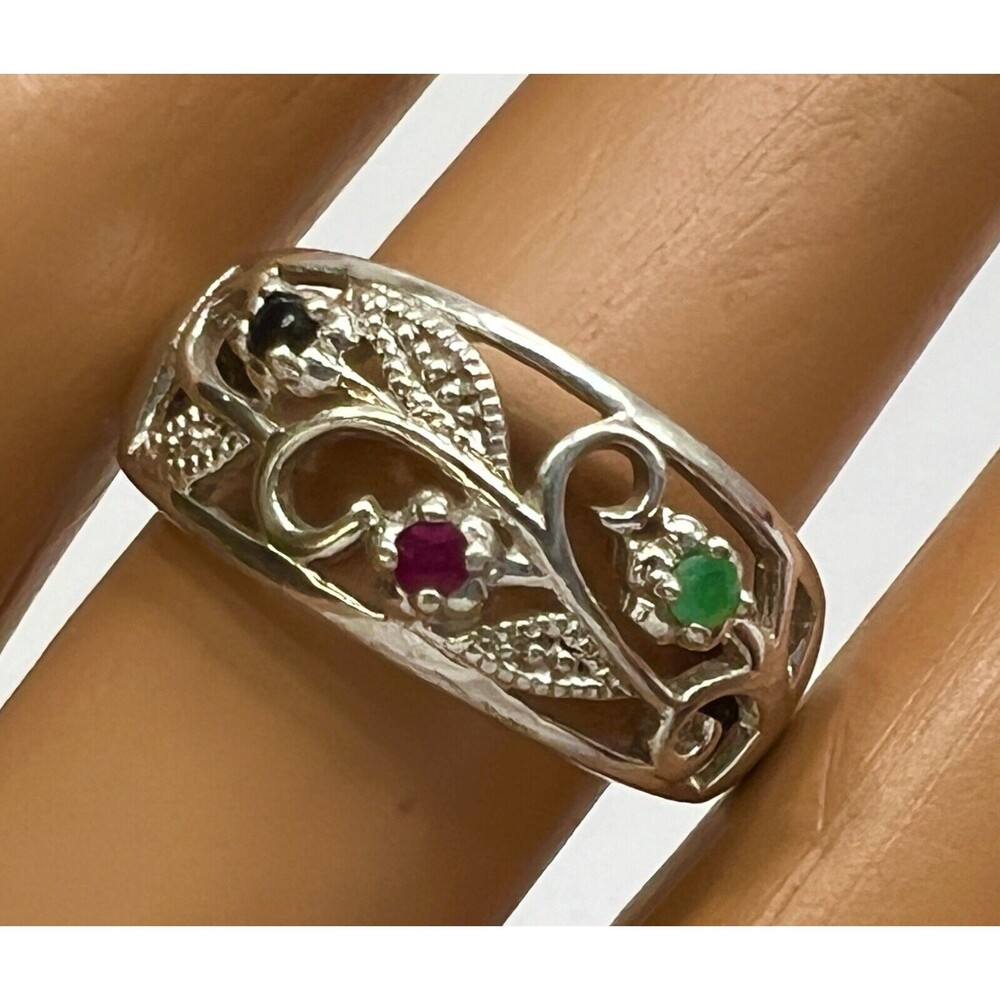 Vintage Avon Genuine Sapphire Emerald Ruby 3 Stone Ring Openwork Floral sz 8